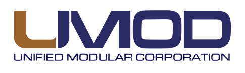 Logo of Unified Modular Corporation with bold blue text reading "UMOD" and "Unified Modular Corporation" beneath it, highlighting their expertise in modular building.